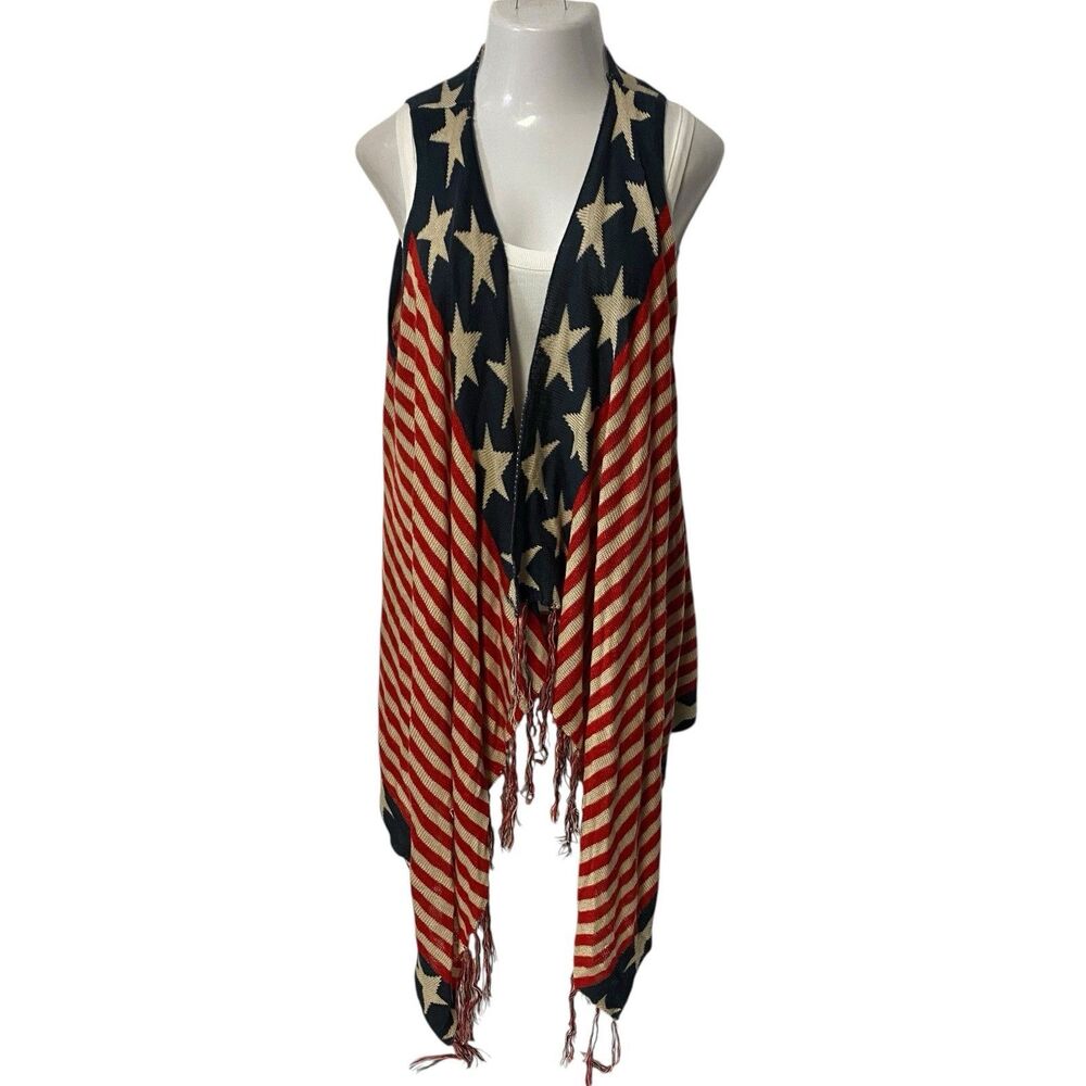 Unity World Wear Cardigan Womens XL 4th of July Patriotic American Flag Fringe - Picture 7 of 11